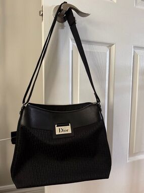 Dior Black Shoulder Bag with Silver Logo Plaque